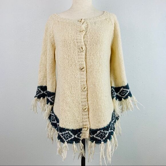 Vintage Fringe Knit Button Front Poncho Sweater - Picture 8 of 12